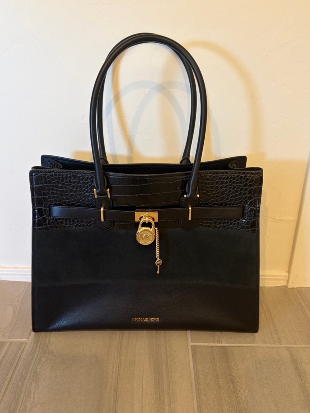 Michael Kors Black Croc-Accent XL Leather Tote with Gold Charm